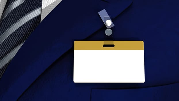 3D realistic render with colored blank badge on a business man suit