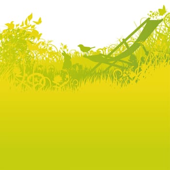 Deckchair with rabbit and bird in the garden