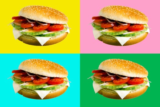 Veggie burger made with zucchini,onion,tomato and cheese isolated on colored background, multiple images.