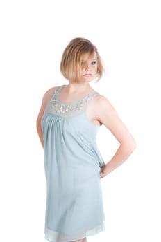 Portrait of beautiful woman in blue dress isolated on white