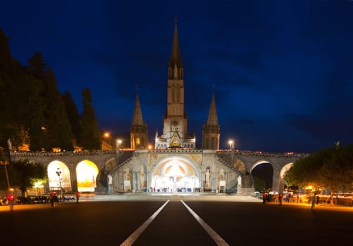 Rosary Basilica at night during the Torchlight Procession