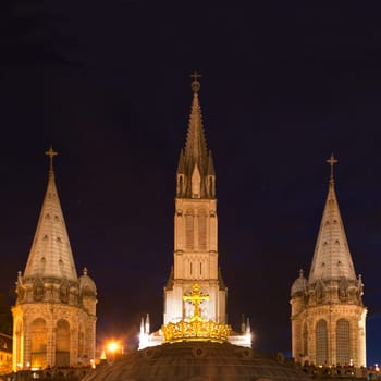 Rosary Basilica at night during the Torchlight Procession