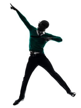 one african  black man  jumping happy  in silhouette studio on white background