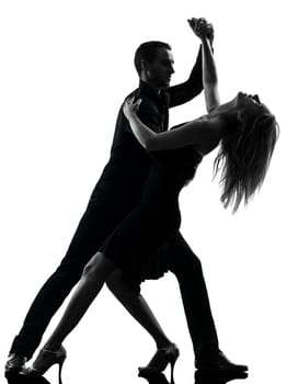 one caucasian couple woman man dancing dancers salsa rock  in silhouette studio isolated on white background