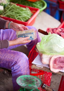 Vietnamese seller counting her money on the market of Hoi An, Vietnam