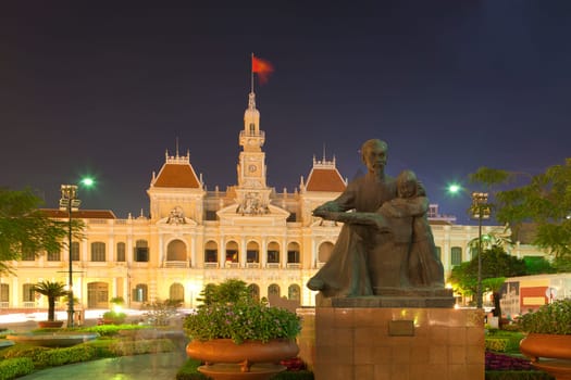 People's Committee building at night in Ho Chi Minh City, Vietnam