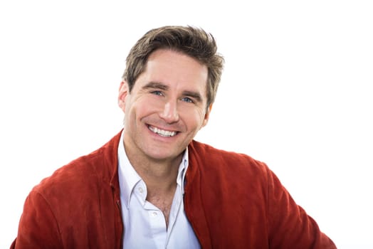 one caucasian man mature handsome portrait  blue eyes smiling portrait studio  white background