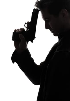 one man killer policeman holding gun portrait silhouette studio white background