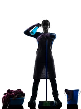 one caucasian woman maid cleaning  in silhouette studio isolated on white background