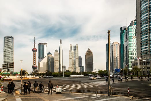 Shanghai, China - April 7, 2013: streets of pudong shanghai china at the city of Shanghai in China on april 7th, 2013