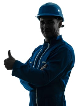 one caucasian man construction worker Thumb Up smiling silhouette portrait in studio on white background