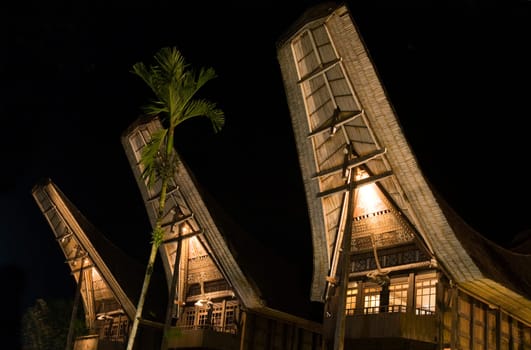 Traditional Toraja houses (tongkonan) at night