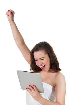 Woman with digital tablet cheers
