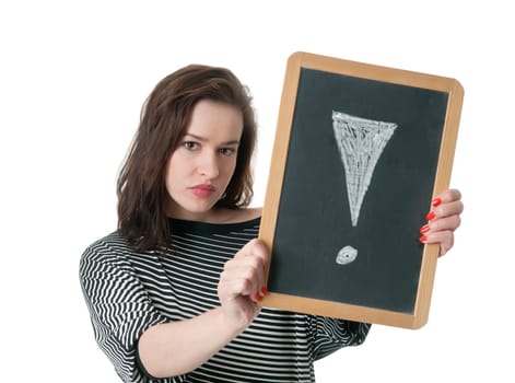 young woman with exclamation mark