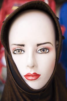 Display with a headscarf on a market in Surabaya