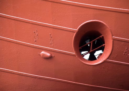 Bow thruster propeller of a ship at a shipyard