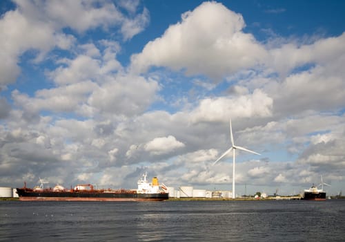 Gas tanker and windturbine in the Port of Amsterdam
