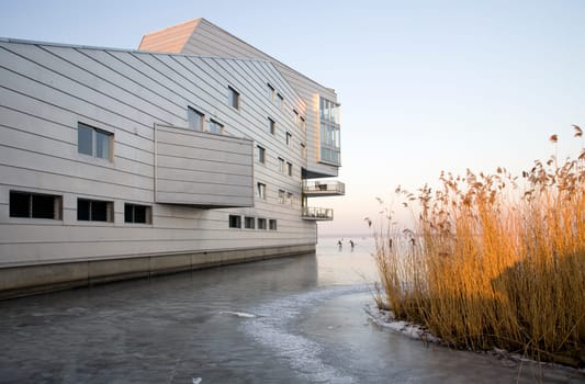 Sphinx apartments buildings in an ice landscape Huizen, the Netherlands
