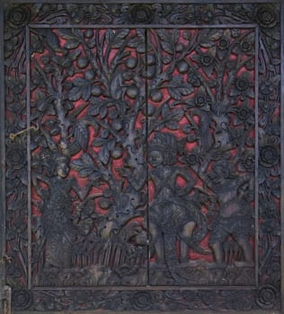 Beautiful carved window shutters that recount the story of Rama and Sita
