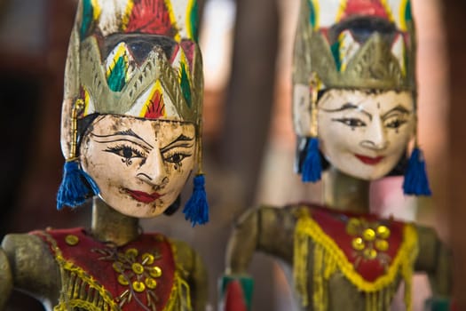 Indonesian Wayang Golek puppets for sale in a souvenir shop