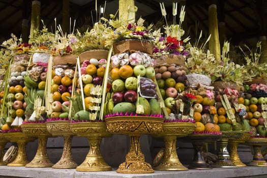 Preparing offerings for a temple ceremony in Bali