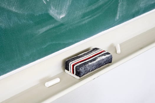 Used green chalkboard with eraser and chalk