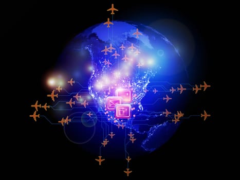 Rendering of city light map (courtesy of NASA), abstract lights and symbols on the subject of global transportation, travel, mail and shipping