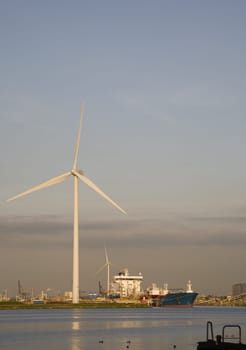Oil tanker and wind turbinel in the Port of Amsterdam