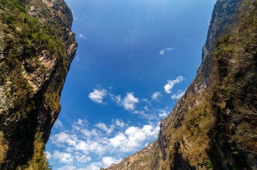 Looking up at the sky from deep within Sumidero Canyon in Mexico