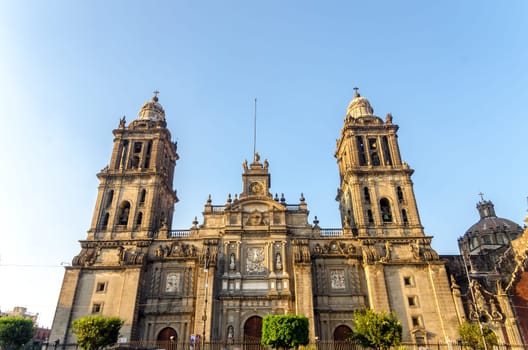 View of the facade of the cathedral in Mexico City as seen from the Zocalo