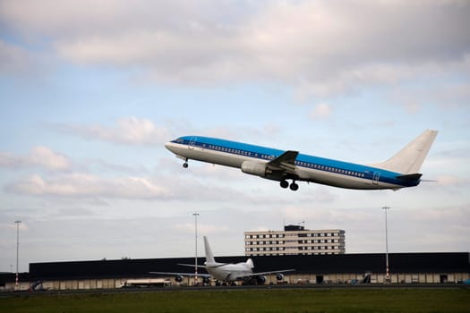 Airplane takes off from schiphol airport, Amsterdam