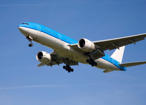 Airplane landing at Schiphol Airport, Amsterdam, Holland