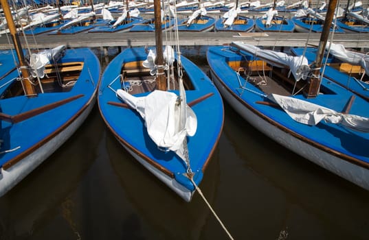 Many blue sailing boats in the marina