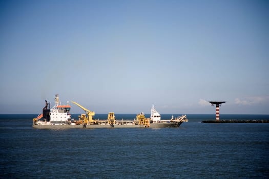 Cutter suction dredger is dredging the Port of Rotterdam