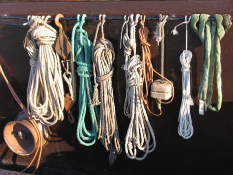 Fisherman's ropes on the side of a Dutch fishing boat