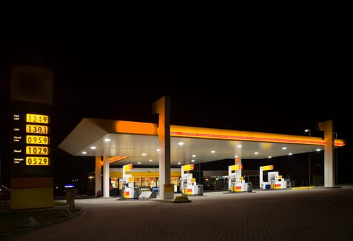 Empty gas station at night