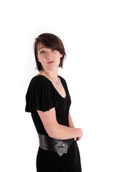 variation of expression on the face of a young brunette woman in studio with a colored scarf