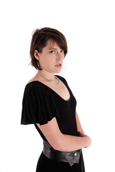 variation of expression on the face of a young brunette woman in studio with a colored scarf