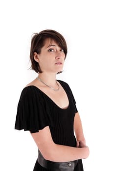 variation of expression on the face of a young brunette woman in studio with a colored scarf