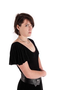 variation of expression on the face of a young brunette woman in studio with a colored scarf