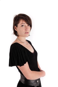 variation of expression on the face of a young brunette woman in studio with a colored scarf