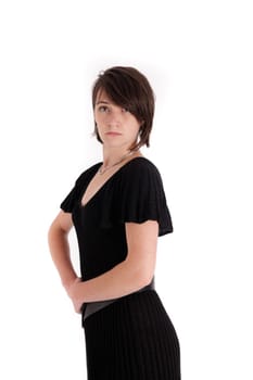 variation of expression on the face of a young brunette woman in studio with a colored scarf