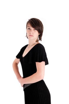 variation of expression on the face of a young brunette woman in studio with a colored scarf