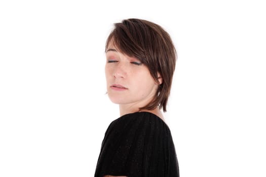 variation of expression on the face of a young brunette woman in studio with a colored scarf