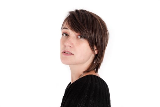 variation of expression on the face of a young brunette woman in studio with a colored scarf