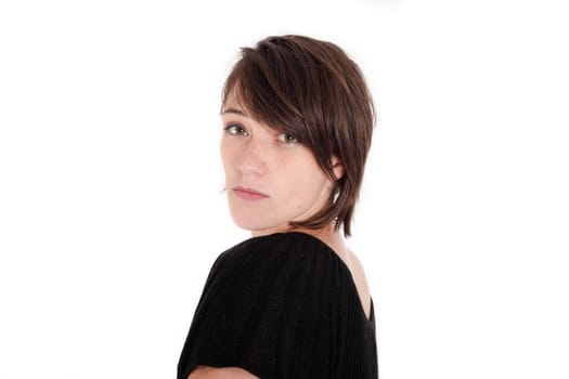 variation of expression on the face of a young brunette woman in studio with a colored scarf