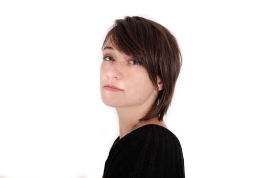 variation of expression on the face of a young brunette woman in studio with a colored scarf