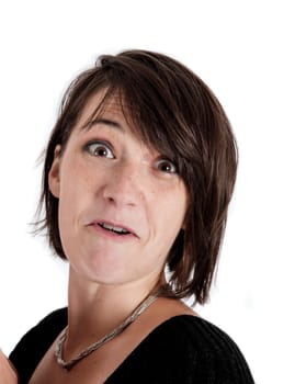 variation of expression on the face of a young brunette woman in studio with a colored scarf