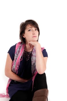 variation portrait of a young brunette woman with colored scraf on studio with her hand under her mounth