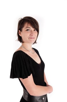variation of expression on the face of a young brunette woman in studio with a colored scarf